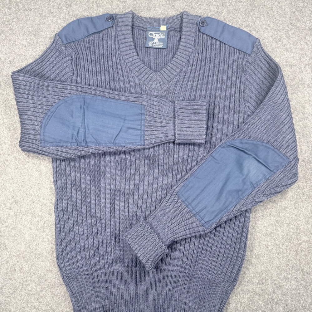 Citadel Mens Wool Commando Sweater V-Neck Ribbed Military Blue Made England 42